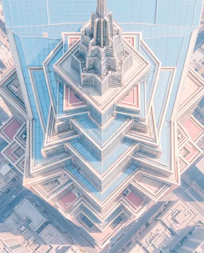 Pastel Aerial View of Stepped Skyscraper