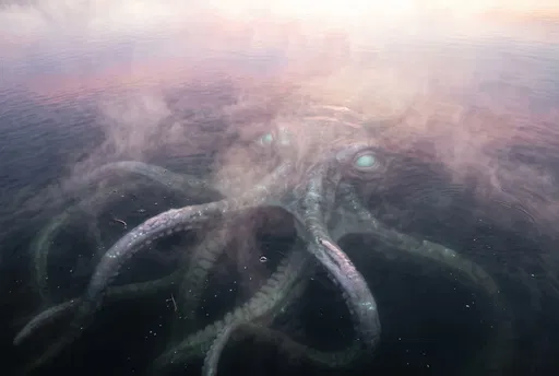 Submerged Sea Monster in Misty Lake