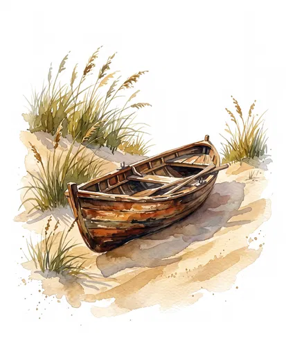 Watercolor Wooden Rowboat on Sand Dunes