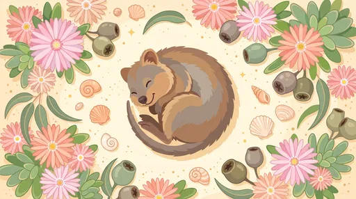 Sleeping Quokka With Flowers And Seashells Illustration