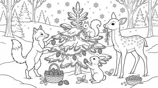 Woodland Animals Decorating Christmas Tree Coloring Page
