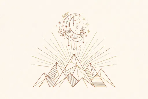 Boho Crescent Moon Over Geometric Mountains