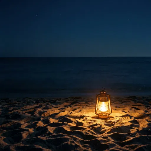 Glowing Vintage Lantern on Night Beach