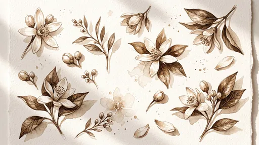 Sepia Watercolor Orange Blossom Botanical Illustration