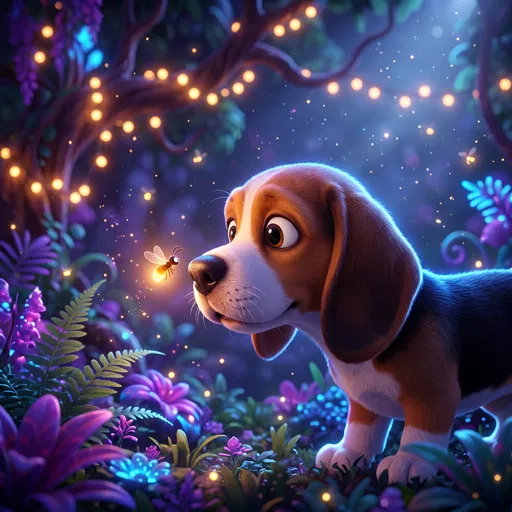 Cartoon Beagle Sniffing Firefly at Night