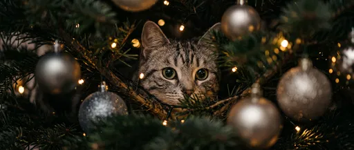 Tabby Cat Hiding in Christmas Tree
