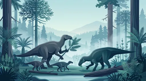 Iguanodon Family in Prehistoric Forest Illustration