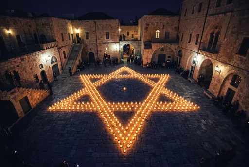 Glowing Star of David in Stone Courtyard