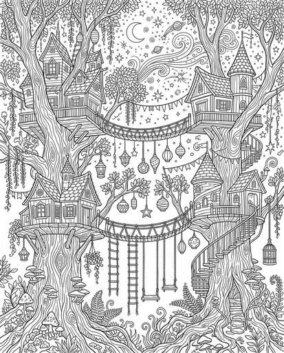 Whimsical Treehouse Village Coloring Page