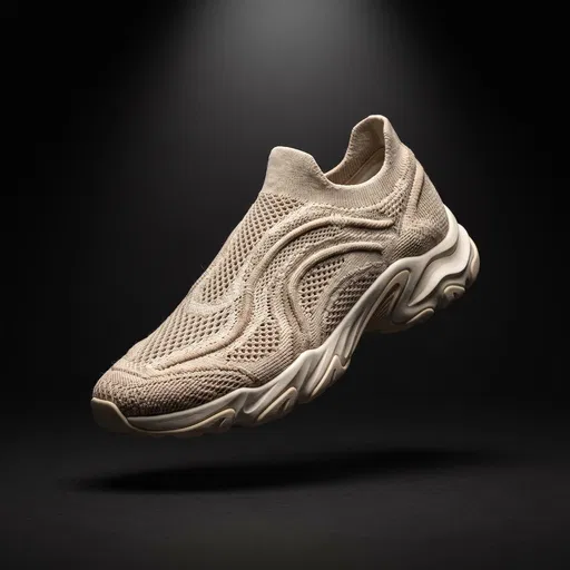 Futuristic Beige Knit Concept Sneaker Floating