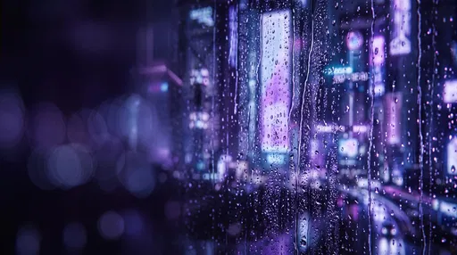 Rainy Window Overlooking Purple Neon Cityscape