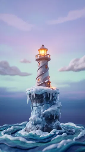 Whimsical Clay Lighthouse on Icy Rock