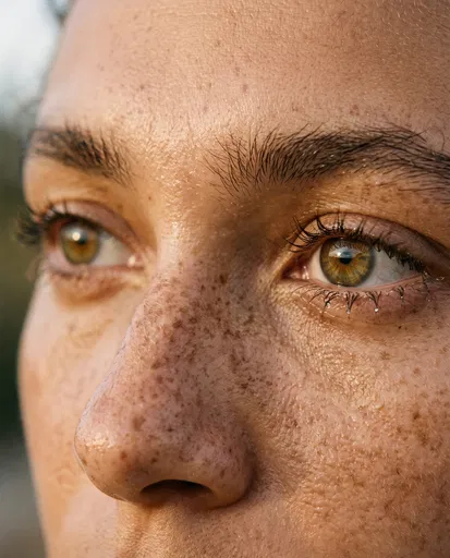 Macro Portrait of Freckled Face and Hazel Eyes