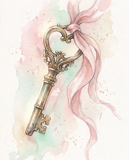 Watercolor Antique Heart Key With Pink Ribbon