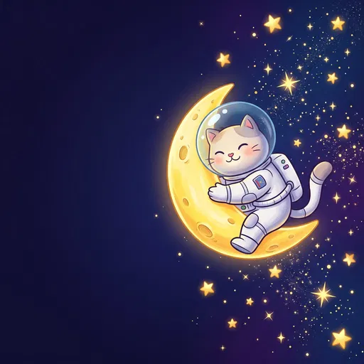 Cute Astronaut Cat Hugging Crescent Moon