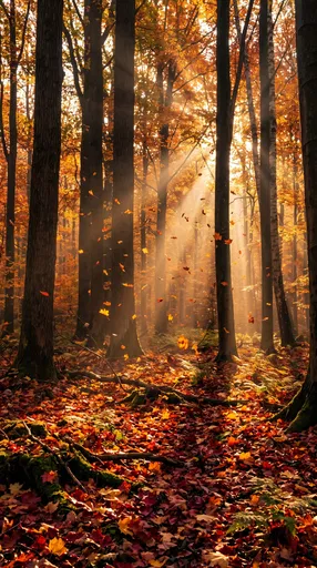 Sunlit Autumn Forest with Falling Leaves