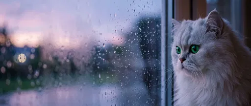 White Persian Cat Looking Through Rainy Window