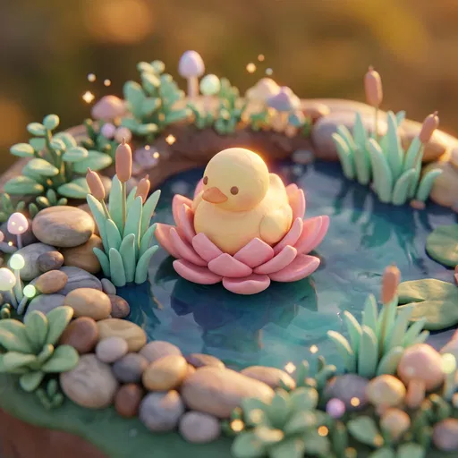 Clay Duckling on Lotus in Miniature Pond