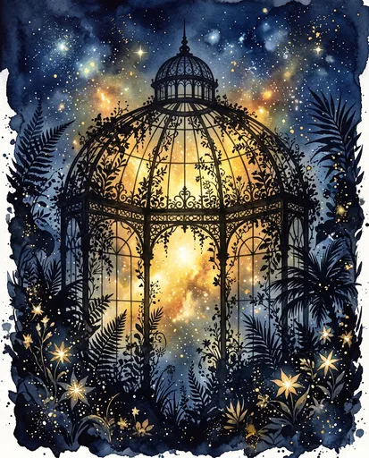 Watercolor Conservatory Dome Under Starry Night