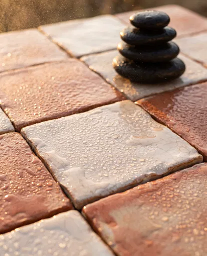 Wet Terracotta Tiles With Stacked Zen Stones