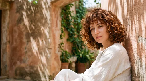 Woman With Curly Bob in Courtyard