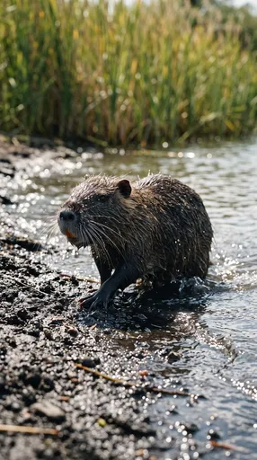 Wet Coypu Emerging onto River Mudbank