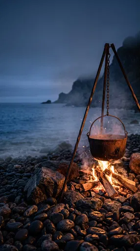 Iron Cauldron Over Twilight Beach Campfire