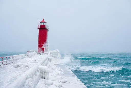 Red Lighthouse on Icy Winter Pier