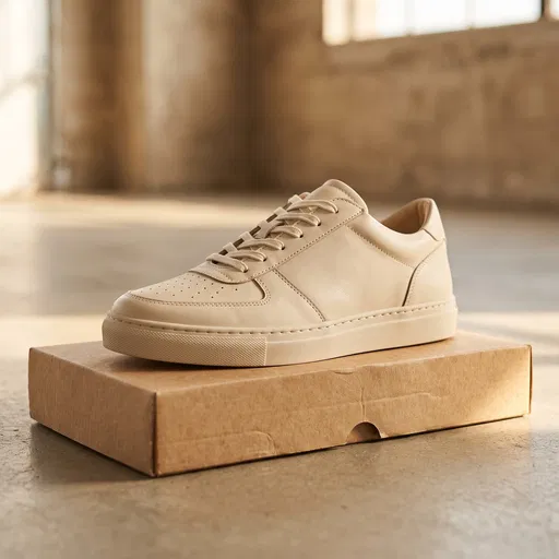 Beige Leather Sneaker on Cardboard Lid