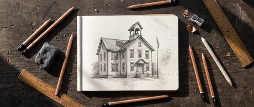 Pencil Sketch of Classic Schoolhouse on Desk