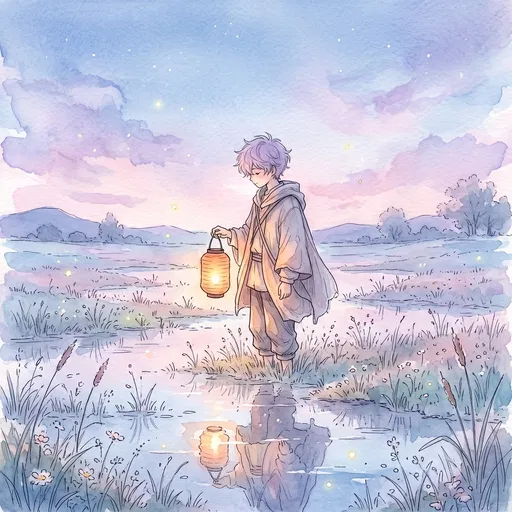 Anime Boy Holding Lantern in Meadow