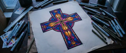 Stained Glass Cross Marker Drawing on Desk