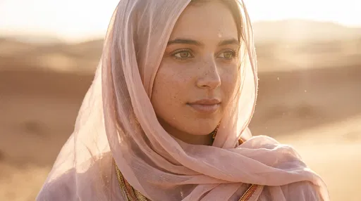 Woman in Pink Headscarf in Desert