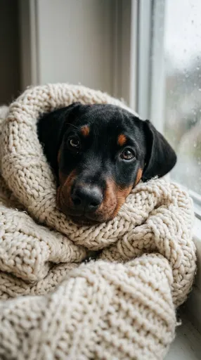 Doberman Puppy Wrapped in Knit Blanket