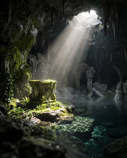 Mossy Stone Pedestal in Illuminated Underground Cave