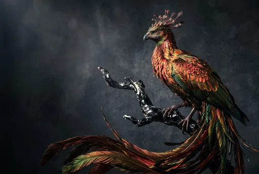Mythical Simurgh Bird on Obsidian Branch