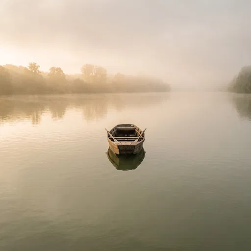 Wooden Rowboat on Misty River at Dawn