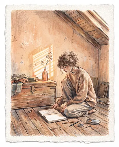 Colored Pencil Illustration of Woman in Loft