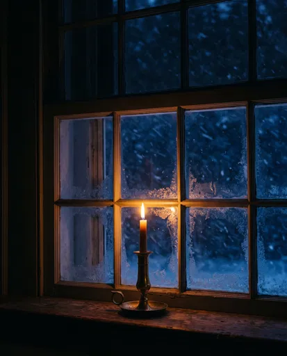 Glowing Brass Candle by Frosted Winter Window