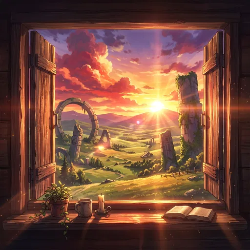 Anime Sunset View Through Rustic Window