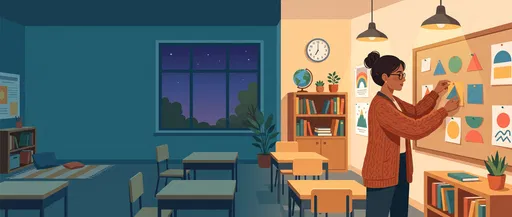 Teacher Decorating Classroom Board in Evening