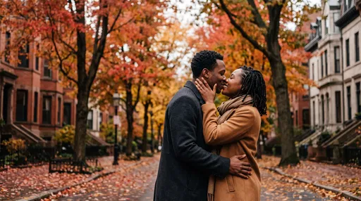 Couple Kissing on Autumn City Street