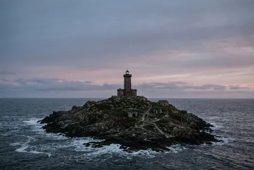 Stone Lighthouse on Rocky Islet at Dusk