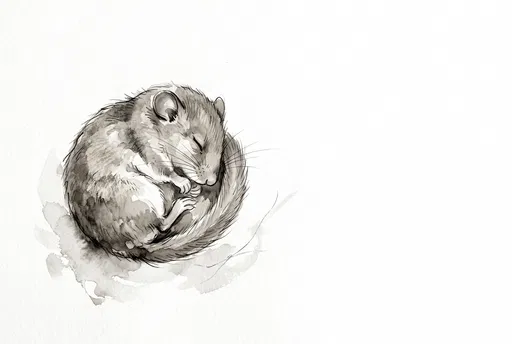 Sleeping Dormouse Monochrome Ink Illustration