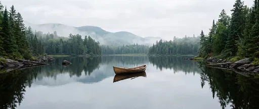Wooden Boat on Misty Wilderness Lake