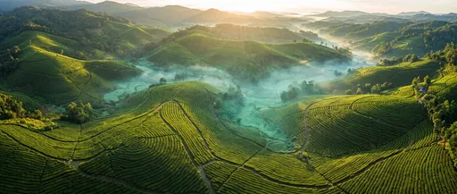 Sunrise Mist Over Green Tea Hills