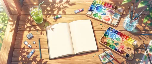 Sunlit Anime Desk With Blank Sketchbook