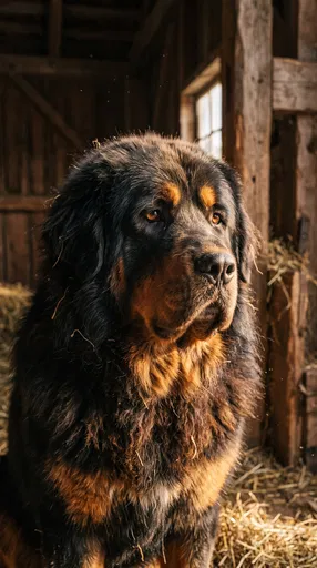 Tibetan Mastiff Portrait in Rustic Barn