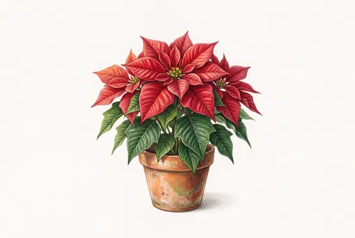 Colored Pencil Drawing of Potted Red Poinsettia