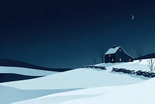 Colonial Saltbox House on Snowy Night Hill